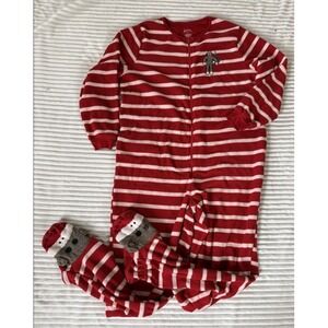 Sock Monkey Adult Footed Pajamas Red White Striped Fleece Nick& Nora One Piece S